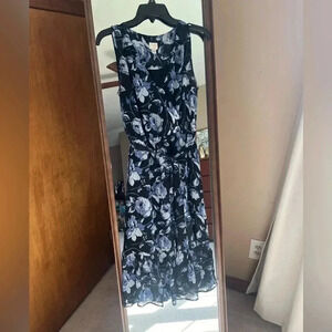 A NEW DAY Faux Wrap Flowy Sleeveless Blue Black Floral Midi Dress Tie Waist XS